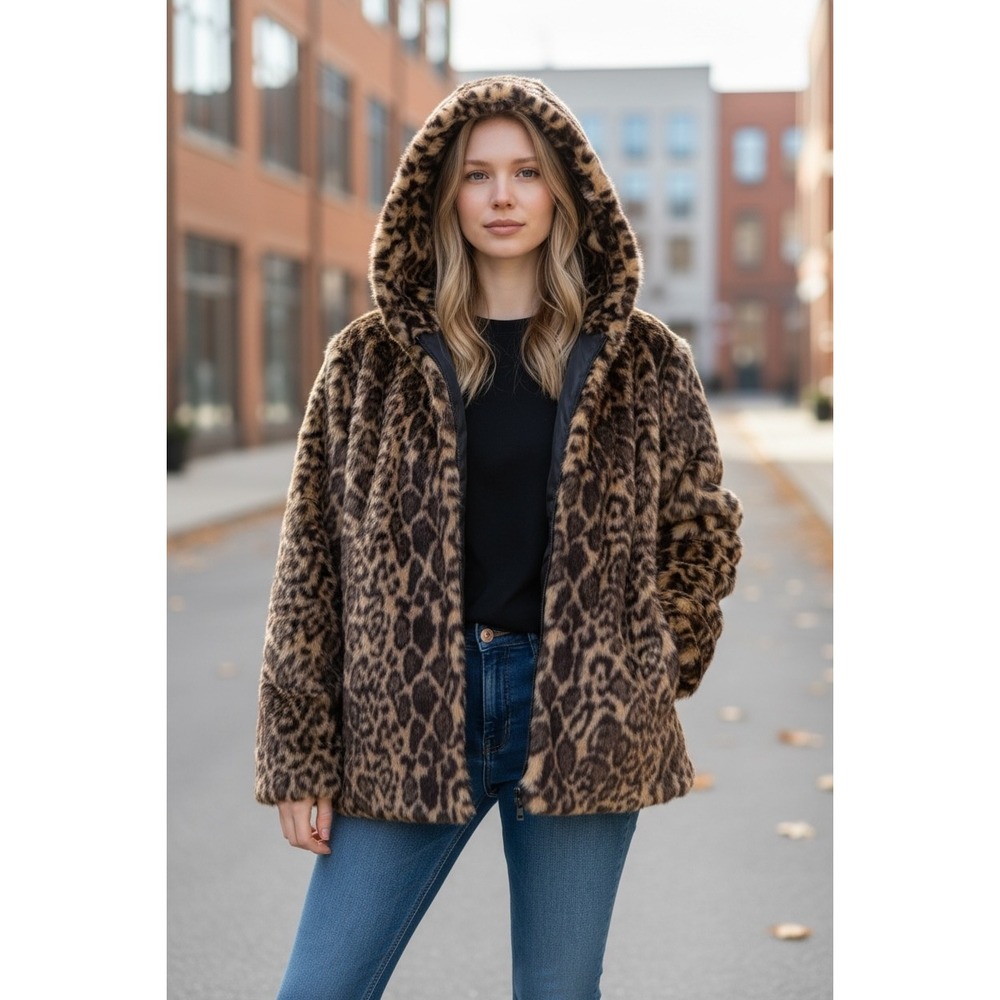 Roamans‎ Leopard Print Faux Fur Hooded Coat Plus Size 34/36 4X Brown Black Zip - Picture 6 of 12
